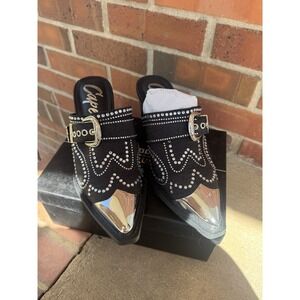 Vive Western Slip On Mules Black Denim Rhinestones Metal Toe Guard Design Size 7